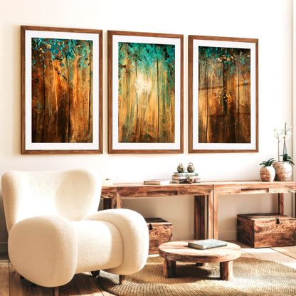 Abstract Gold Wall Art - Textured Forest Triptych Painting