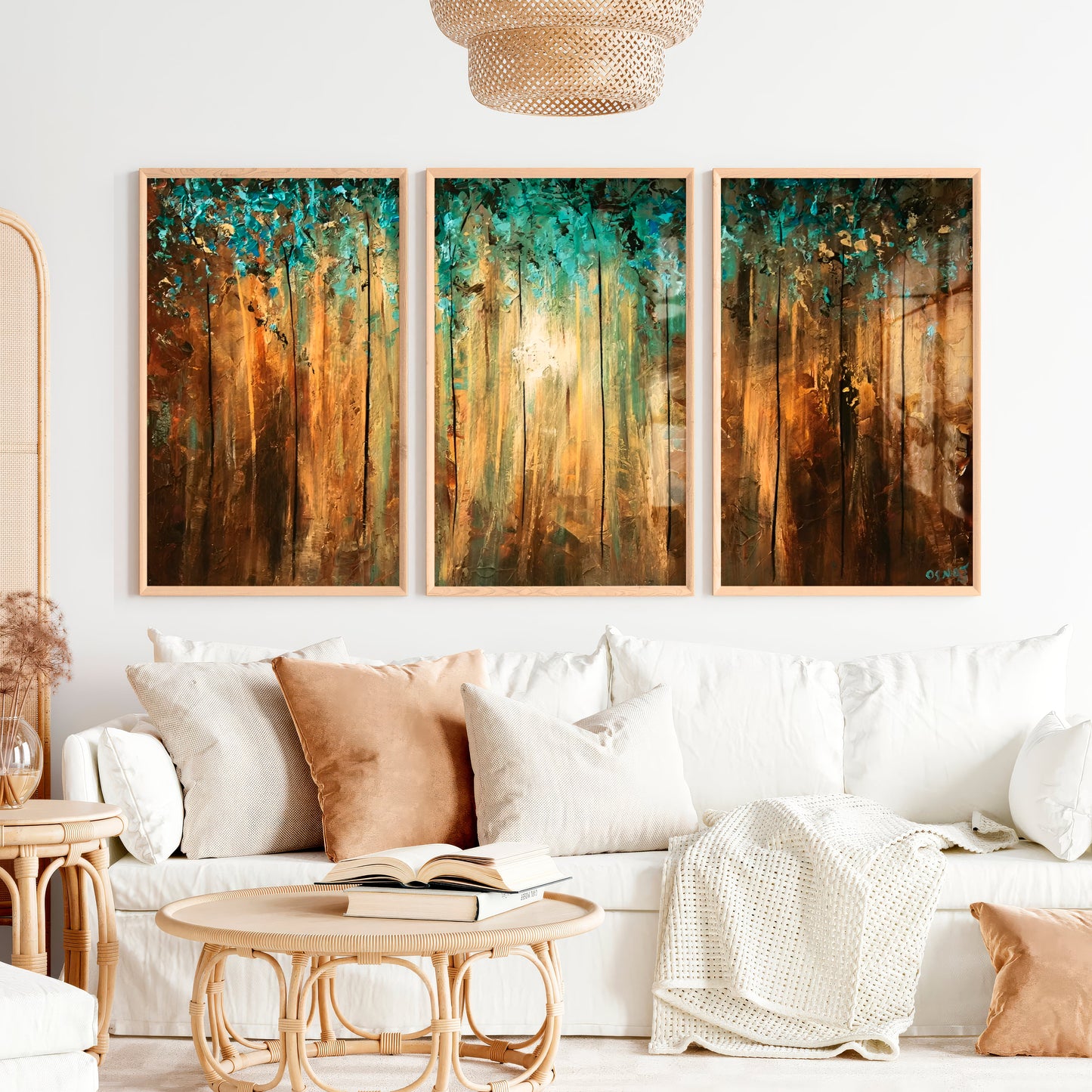 Abstract Gold Wall Art - Textured Forest Triptych Painting
