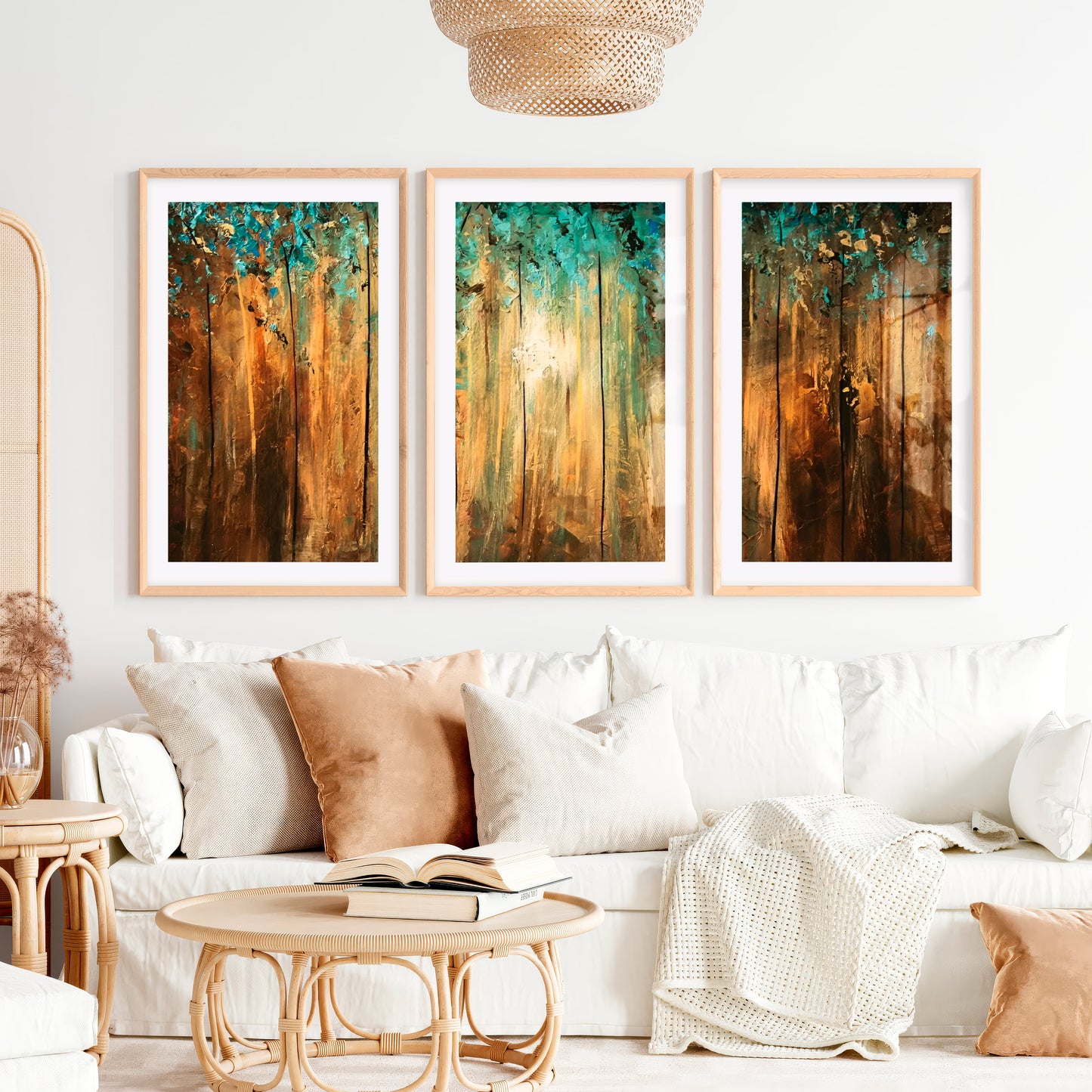 Abstract Gold Wall Art - Textured Forest Triptych Painting