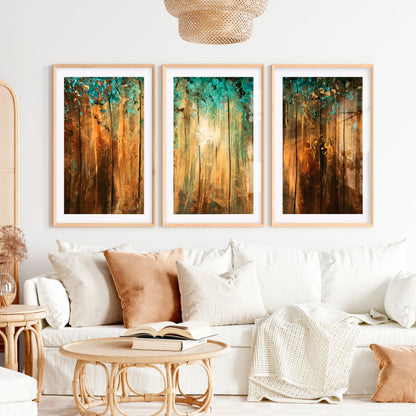 Abstract Gold Wall Art - Textured Forest Triptych Painting