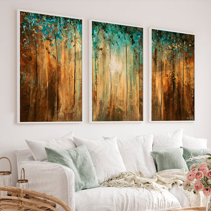 Abstract Gold Wall Art - Textured Forest Triptych Painting