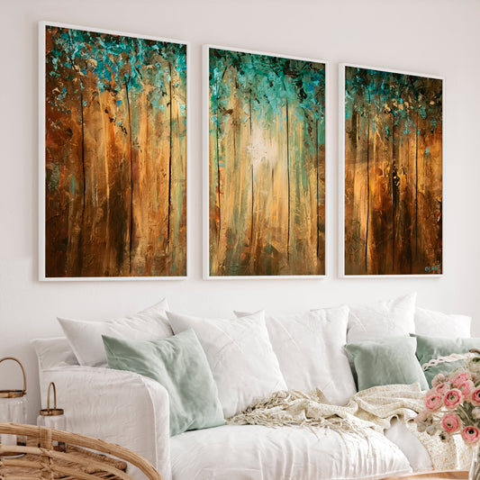 Abstract Gold Wall Art - Textured Forest Triptych Painting