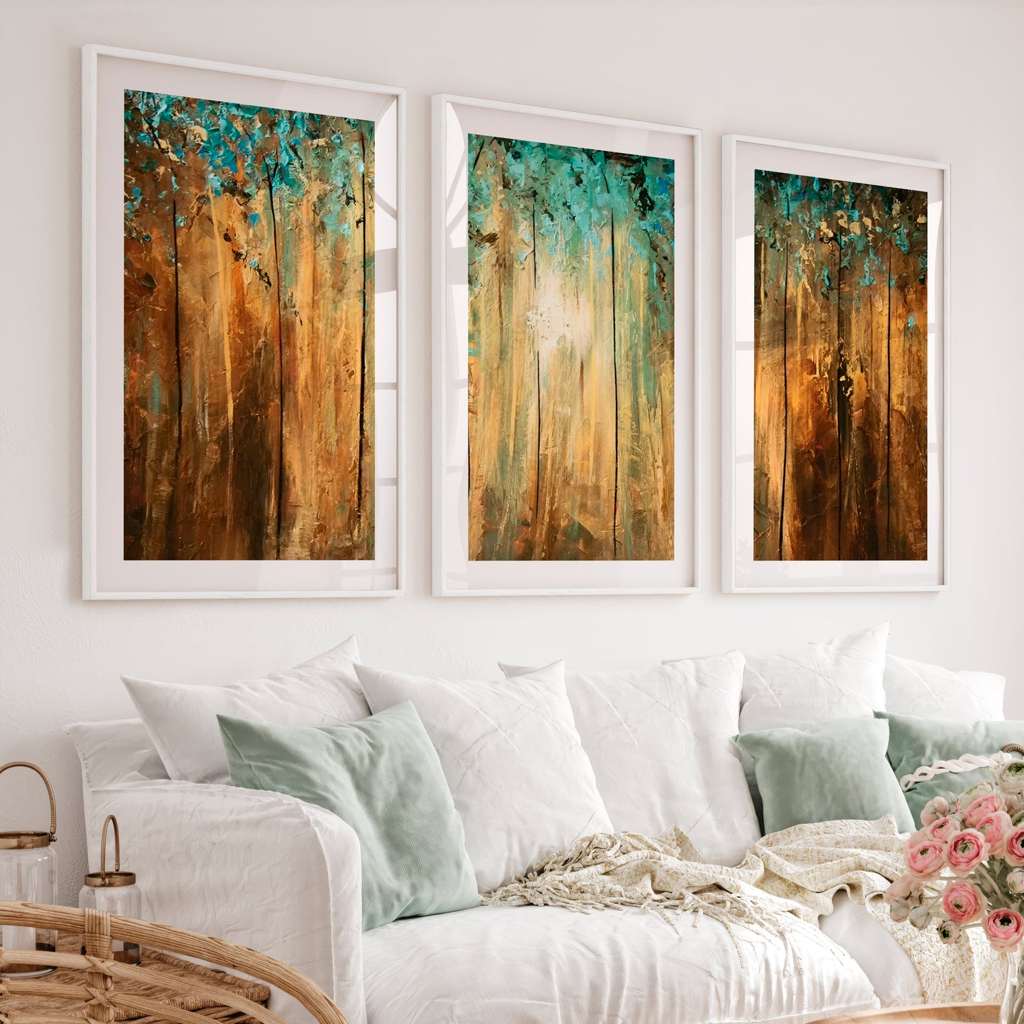 Abstract Gold Wall Art - Textured Forest Triptych Painting