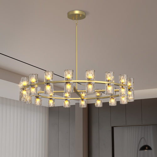 Luxury Crystal Chandelier | Double-Ring LED Ceiling Light for Living Room & Dining Room — Black or Gold, Round or Rectangular