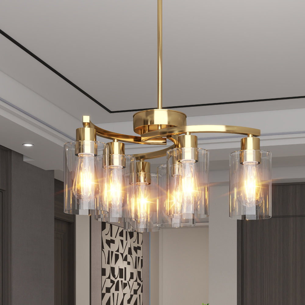 6/9-Light Modern Farmhouse Chandelier | Black, Chrome or Gold with Clear Glass Shades — Adjustable Height, Dimmable, Dining Room & Kitchen Island