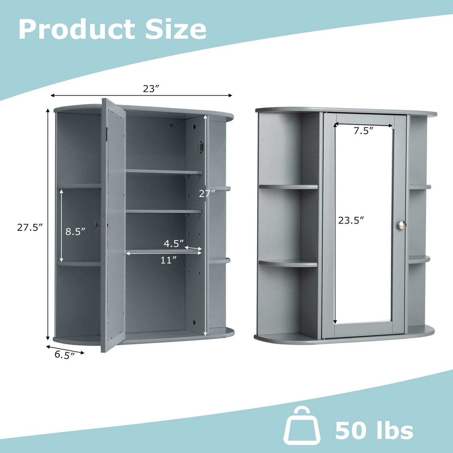 Mirrored Bathroom Medicine Cabinet with Single Mirror Door and Adjustable Shelf