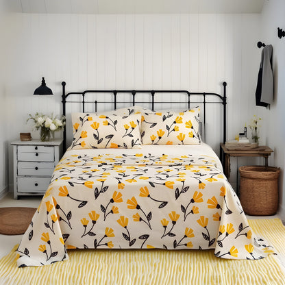 DaDa Bedding Yellow Fleur Floral Fitted and Flat Sheet Set