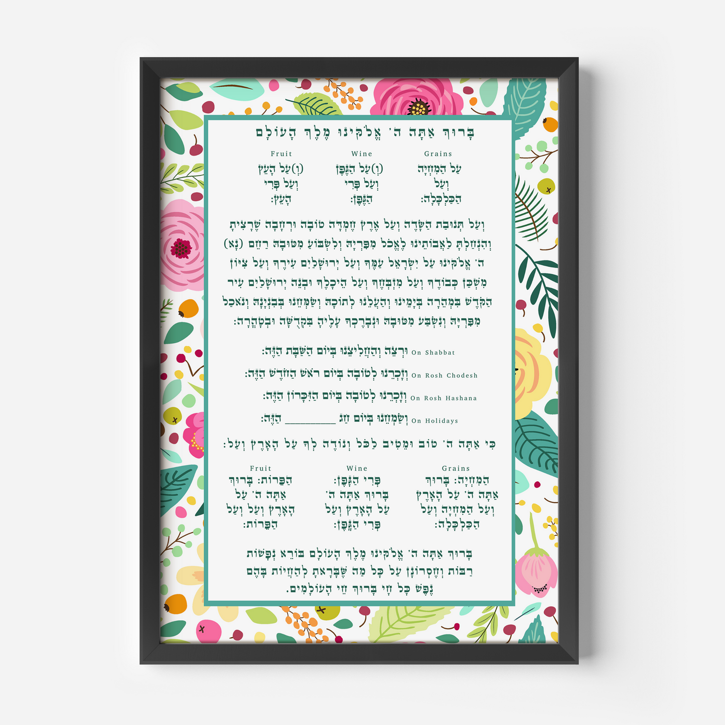 Al Hamichiya & Borei Nefashot Jewish Blessings Kitchen Decor Wall Art Teal