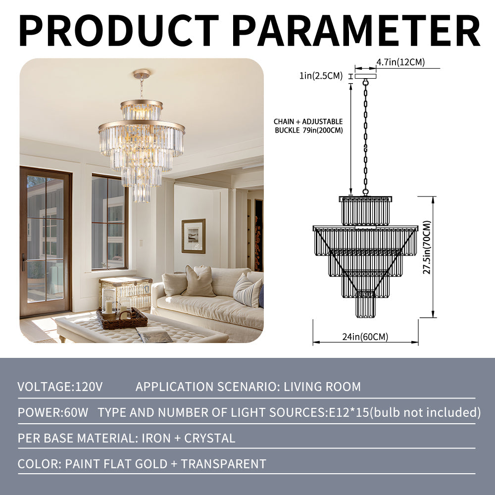 23.6" 5-Tier K9 Crystal Chandelier | 15-Light Luxury Pendant with Gold or Black Frame — Dining Room, Living Room & Foyer