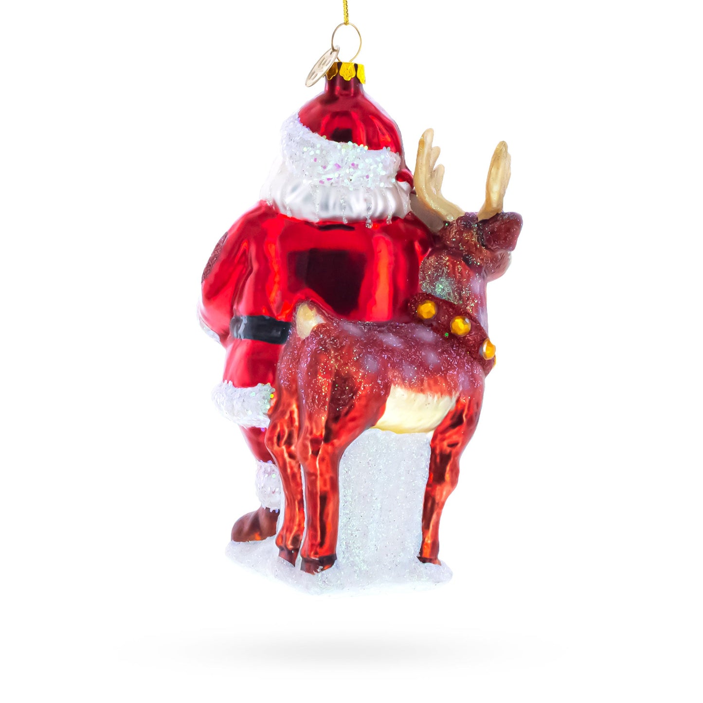 Santa with Reindeer with Sign Glass Christmas Ornament