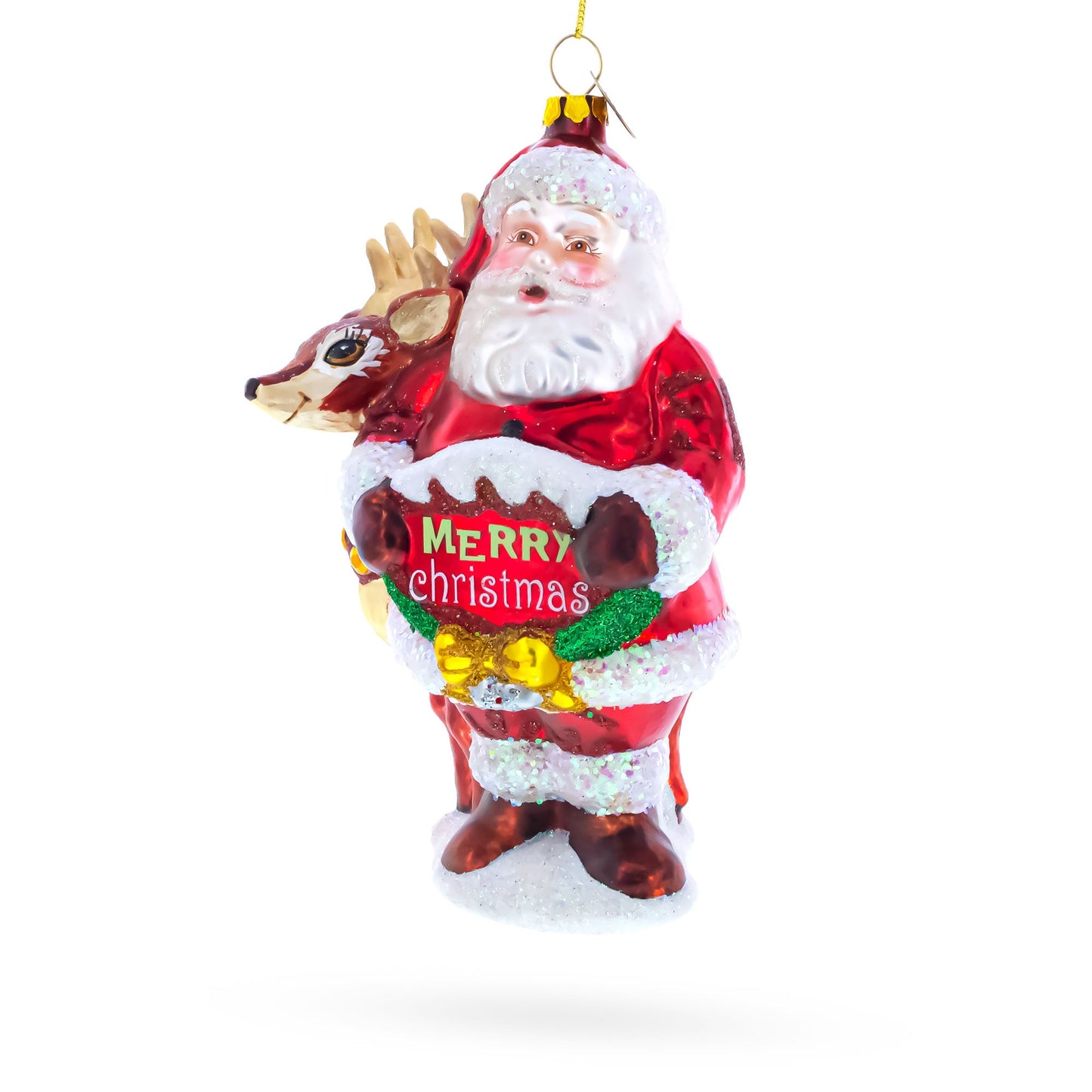 Santa with Reindeer with Sign Glass Christmas Ornament