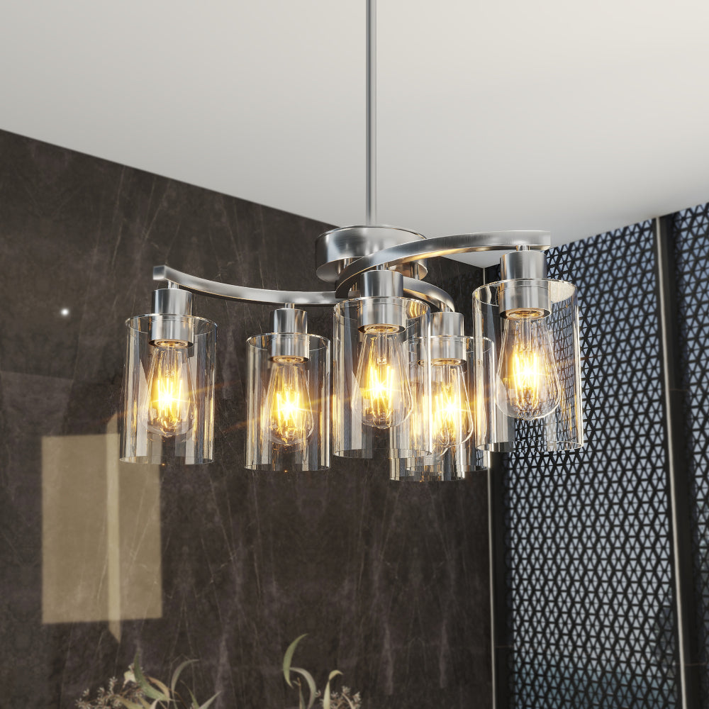 6/9-Light Modern Farmhouse Chandelier | Black, Chrome or Gold with Clear Glass Shades — Adjustable Height, Dimmable, Dining Room & Kitchen Island