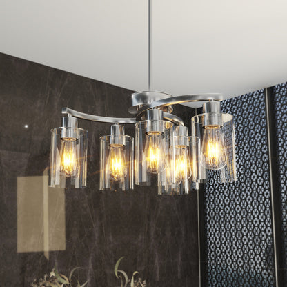 6/9-Light Modern Farmhouse Chandelier | Black, Chrome or Gold with Clear Glass Shades — Adjustable Height, Dimmable, Dining Room & Kitchen Island