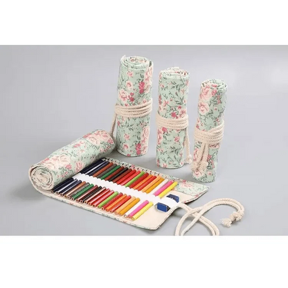 Colorful Roll Up Pencil Case Canvas Flowers Style Colored Pencils Wrap Multi-Purpose Pen Holder Cute Case