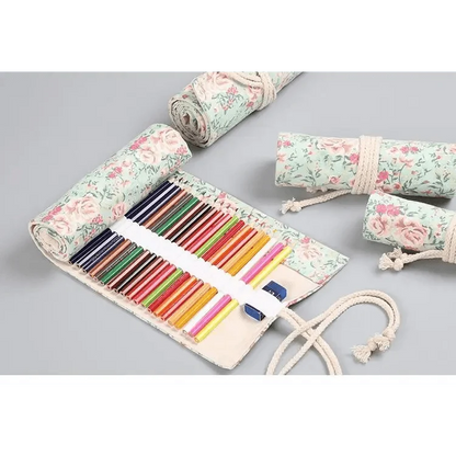 Colorful Roll Up Pencil Case Canvas Flowers Style Colored Pencils Wrap Multi-Purpose Pen Holder Cute Case