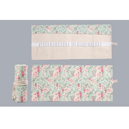 Colorful Roll Up Pencil Case Canvas Flowers Style Colored Pencils Wrap Multi-Purpose Pen Holder Cute Case