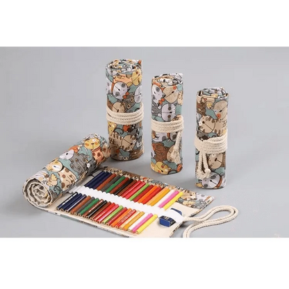 Colorful Roll Up Pencil Case Canvas Flowers Style Colored Pencils Wrap Multi-Purpose Pen Holder Cute Case