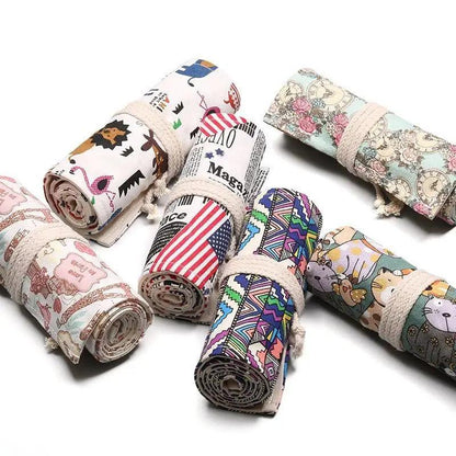 Colorful Roll Up Pencil Case Canvas Flowers Style Colored Pencils Wrap Multi-Purpose Pen Holder Cute Case