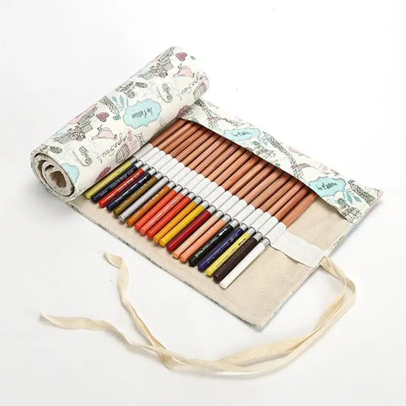 Colorful Roll Up Pencil Case Canvas Flowers Style Colored Pencils Wrap Multi-Purpose Pen Holder Cute Case