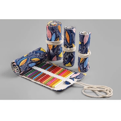 Colorful Roll Up Pencil Case Canvas Flowers Style Colored Pencils Wrap Multi-Purpose Pen Holder Cute Case