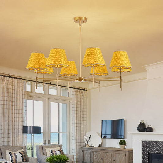 38.6" Gold Boho Rattan Chandelier | 8-Light Farmhouse Pendant with Adjustable Height for Dining Room, Living Room & Bedroom