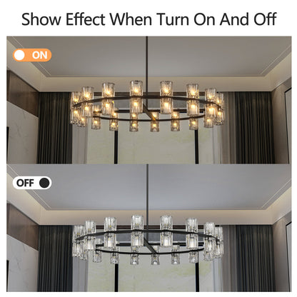 Luxury Crystal Chandelier | Double-Ring LED Ceiling Light for Living Room & Dining Room — Black or Gold, Round or Rectangular