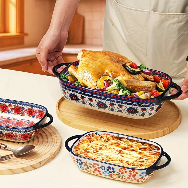 [Elegant Bohemian Baking Dishes] 2pcs Elegant Bohemian Porcelain Baking Dishes - 13-inch Large Rectangular Baker Set | Oven-Safe Casserole & Pie Pan, Versatile Ceramic Roaster | Mother's Day Gift for Home Chefs, Kitchen Essen
