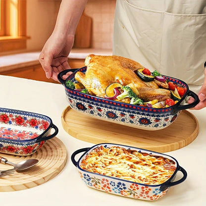 [Elegant Bohemian Baking Dishes] 2pcs Elegant Bohemian Porcelain Baking Dishes - 13-inch Large Rectangular Baker Set | Oven-Safe Casserole & Pie Pan, Versatile Ceramic Roaster | Mother's Day Gift for Home Chefs, Kitchen Essen