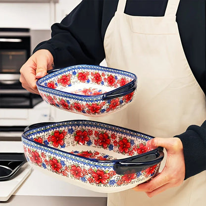 [Elegant Bohemian Baking Dishes] 2pcs Elegant Bohemian Porcelain Baking Dishes - 13-inch Large Rectangular Baker Set | Oven-Safe Casserole & Pie Pan, Versatile Ceramic Roaster | Mother's Day Gift for Home Chefs, Kitchen Essen