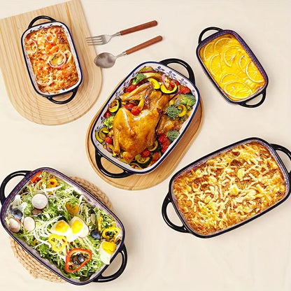 [Elegant Bohemian Baking Dishes] 2pcs Elegant Bohemian Porcelain Baking Dishes - 13-inch Large Rectangular Baker Set | Oven-Safe Casserole & Pie Pan, Versatile Ceramic Roaster | Mother's Day Gift for Home Chefs, Kitchen Essen