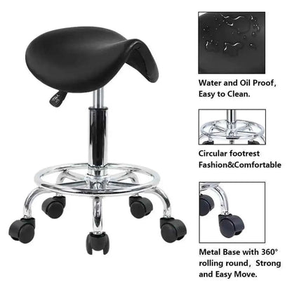 KKTONER Adjustable Black PU Leather Rolling Saddle Stool with Wheels for Salon, Office & Spa - Ergonomic Posture Chair