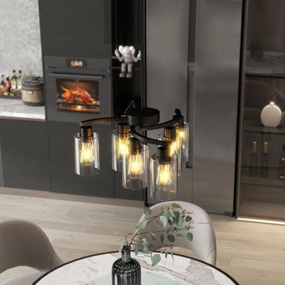 6/9-Light Modern Farmhouse Chandelier | Black, Chrome or Gold with Clear Glass Shades — Adjustable Height, Dimmable, Dining Room & Kitchen Island