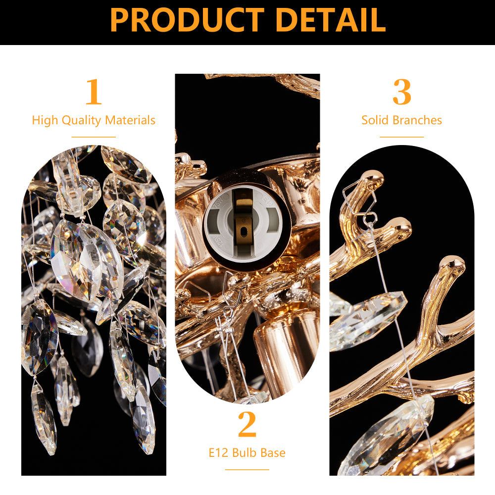 Gold Tree Branch Crystal Chandelier | Modern Luxury Pendant Light for Dining Room, Living Room & Bedroom