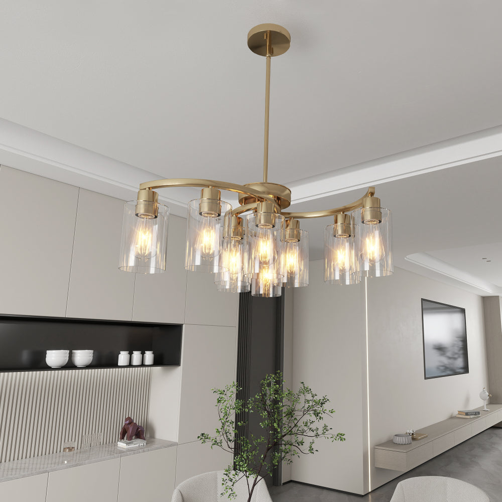 6/9-Light Modern Farmhouse Chandelier | Black, Chrome or Gold with Clear Glass Shades — Adjustable Height, Dimmable, Dining Room & Kitchen Island