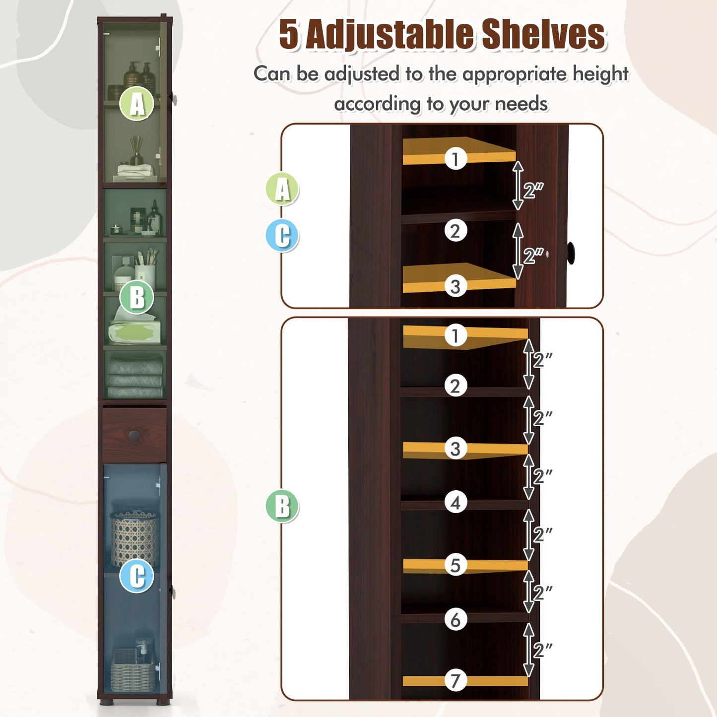 Freestanding Slim Bathroom Cabinet with Drawer and Adjustable Shelves