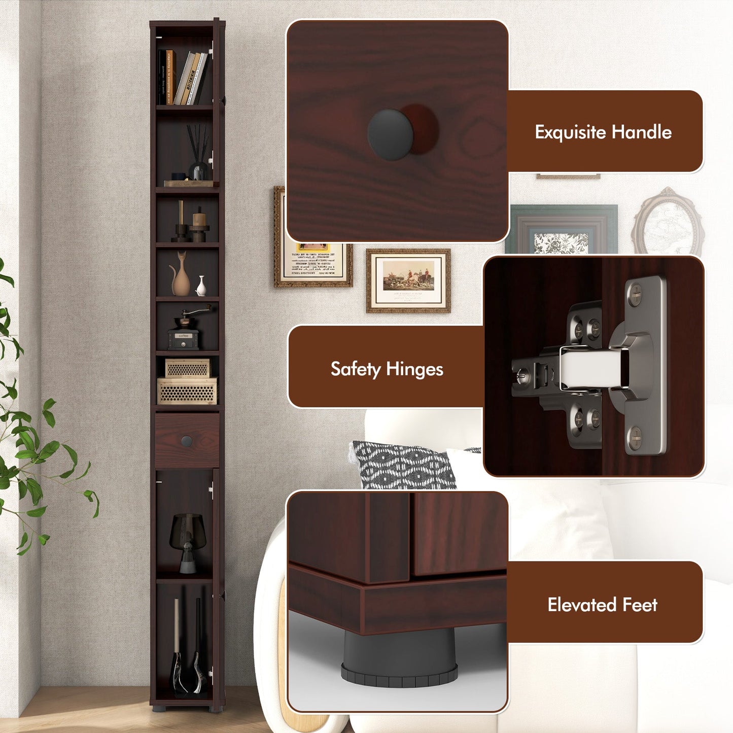 Freestanding Slim Bathroom Cabinet with Drawer and Adjustable Shelves