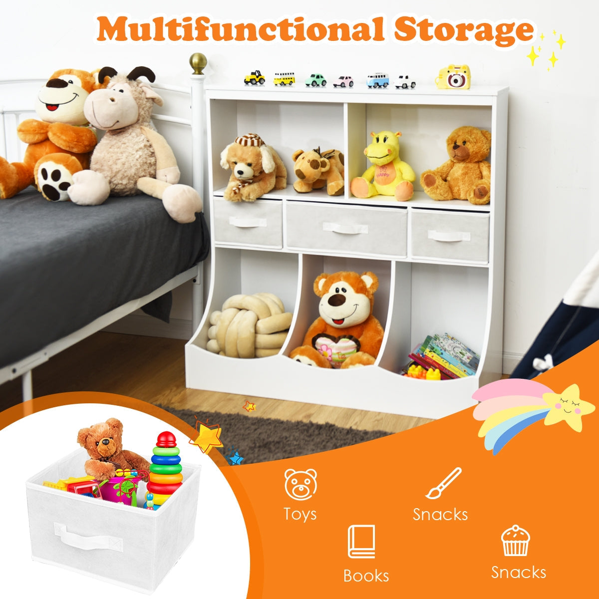 Freestanding Combo Cubby Bin Storage Organizer Unit W/3 Baskets