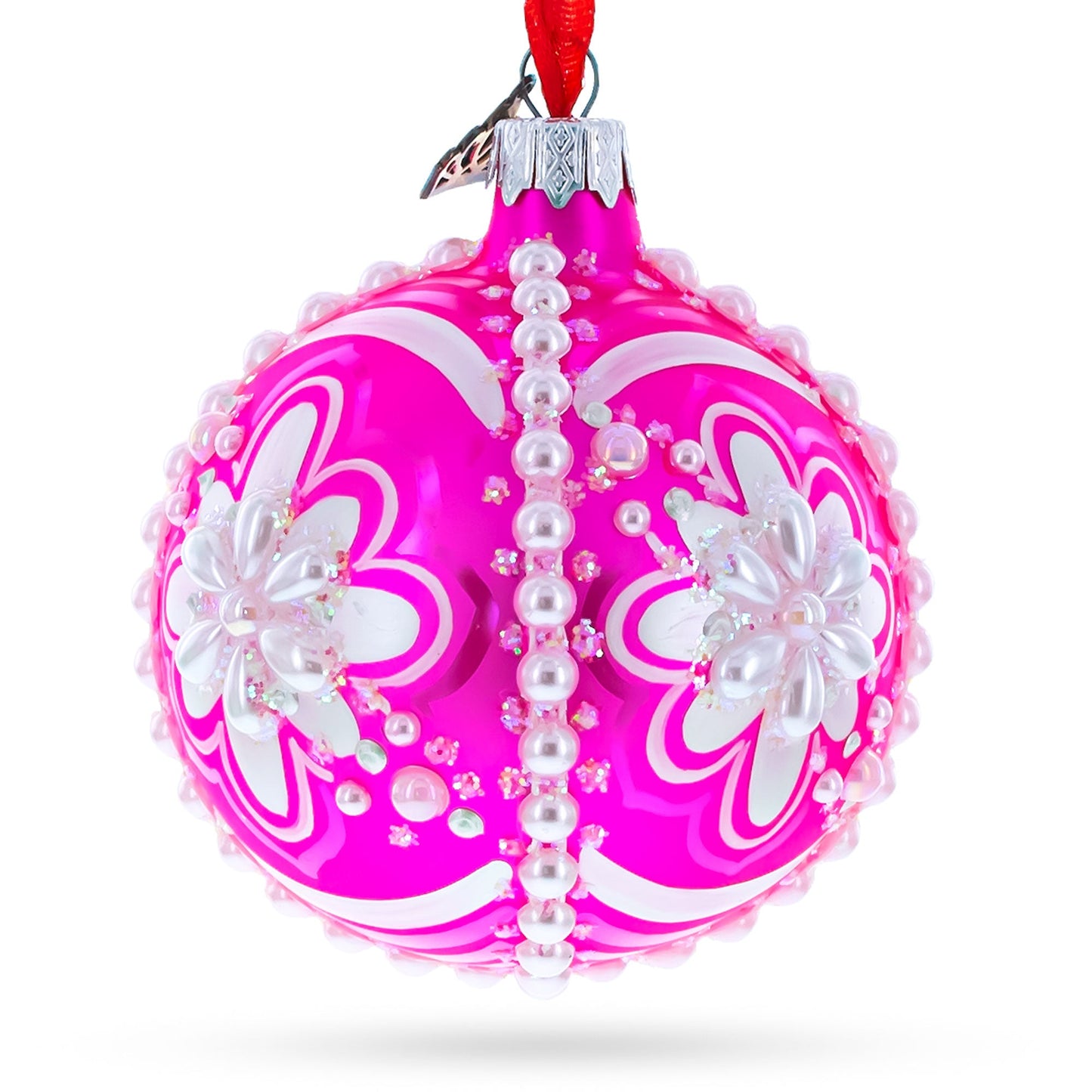 Jeweled Pearl Flowers on Pink Glass Ball Christmas Ornament 3.25 Inches