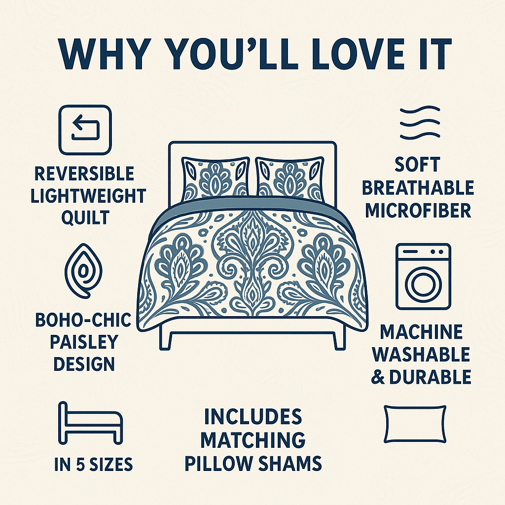 DaDa Bedding White Blue Floral Paisley Quilt Set