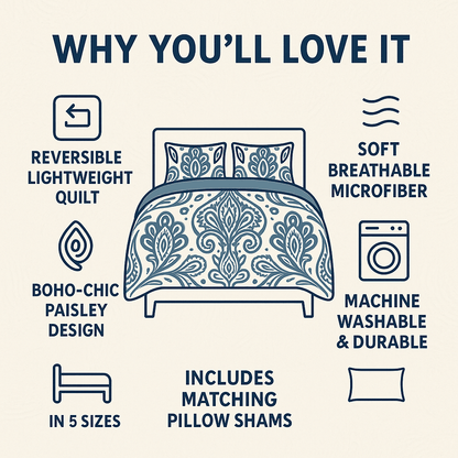 DaDa Bedding White Blue Floral Paisley Quilt Set