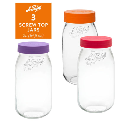 Le Parfait Screw Top Jars, French Glass Storage Jars with Colorful Airtight Screw Lids