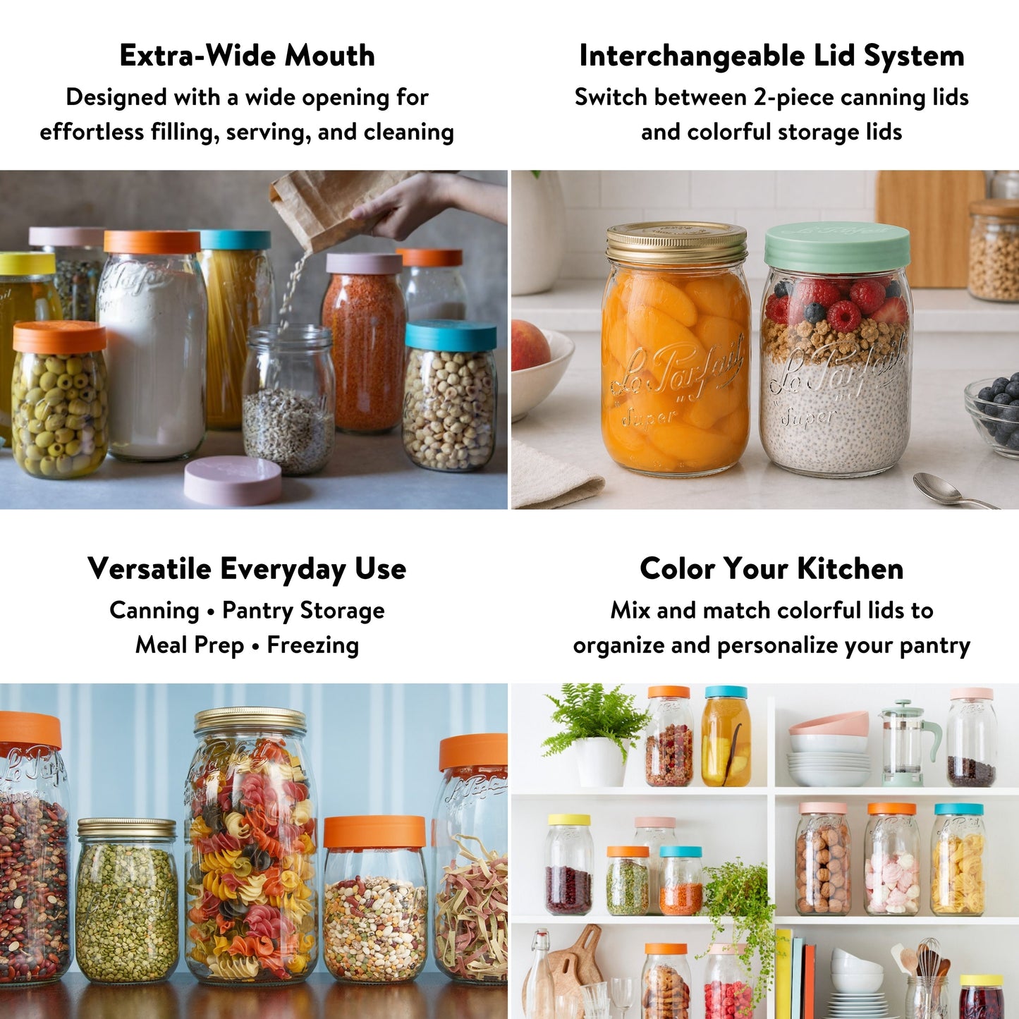 Le Parfait Screw Top Jars, French Glass Storage Jars with Colorful Airtight Screw Lids