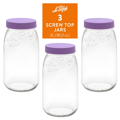 Le Parfait Screw Top Jars, French Glass Storage Jars with Colorful Airtight Screw Lids