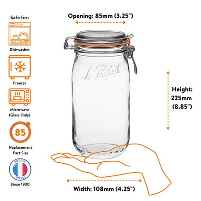 Le Parfait Super Jars, French Glass Canning Jars with Stainless Wire-Bail Clamp Lid