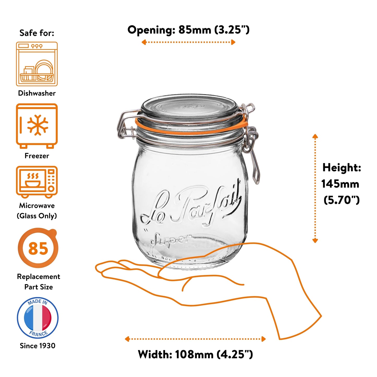 Le Parfait Super Jars, French Glass Canning Jars with Stainless Wire-Bail Clamp Lid