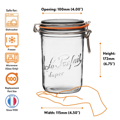 Le Parfait Super Terrines, French Glass Canning Jars with Wire-Bail Clamp Lid