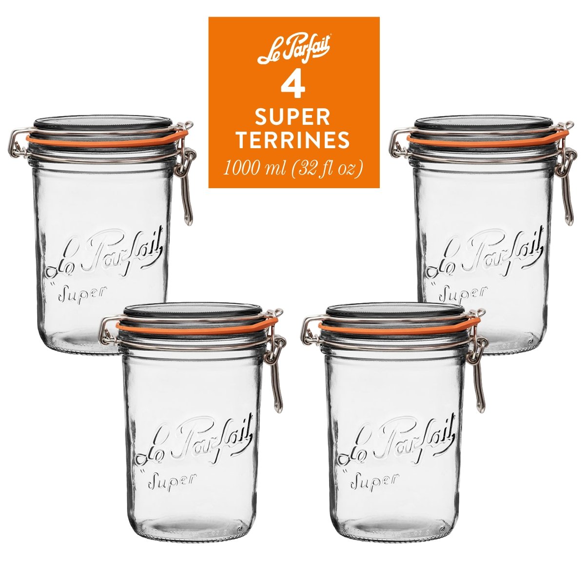 Le Parfait Super Terrines, French Glass Canning Jars with Wire-Bail Clamp Lid
