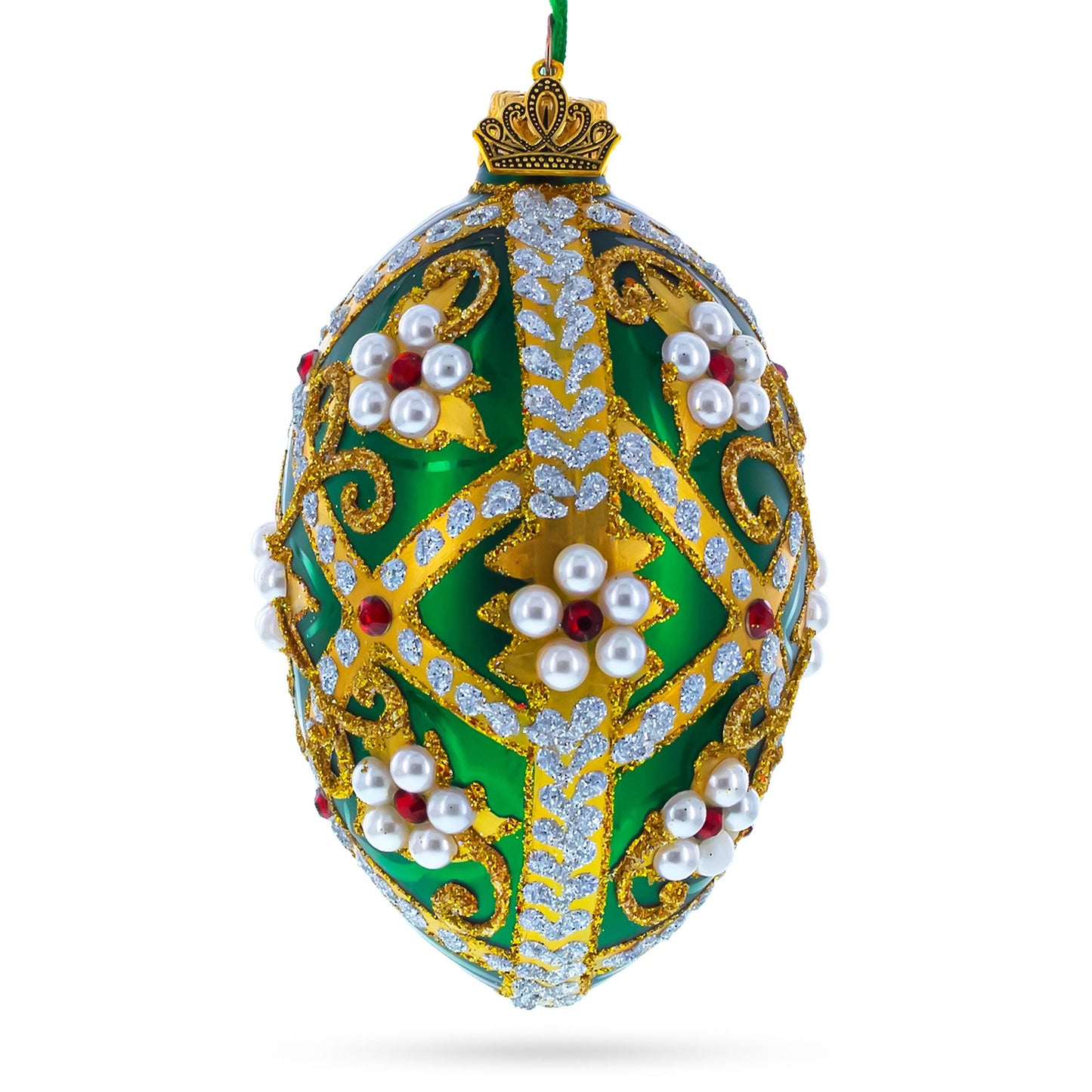 Jewels on Green Glass Egg Christmas Ornament 4 Inches