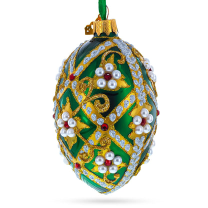 Jewels on Green Glass Egg Christmas Ornament 4 Inches