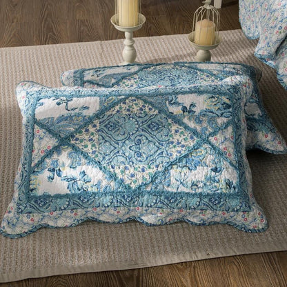 Tache Petal Dance White Blue Floral Paisley Vintage Garden Scalloped Cotton Patchwork Quilt Set (JHW-646)